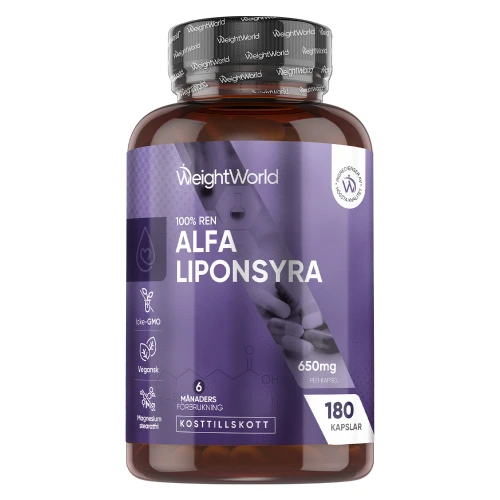 Alfa-liponsyra (ALA) 650mg, 180 kapslar | 6 månaders användning | Köp hos WeightWorld