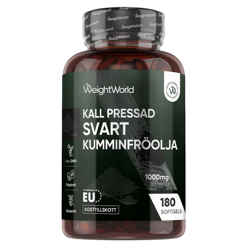 Kallpressad Svartkumminolja kapslar, 1000 mg, 180 st l Naturlig olja från svartkumminfrön | Köp hos WeightWorld