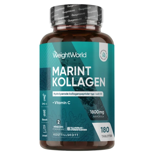 Marint Kollagen + Vitamin C 1800 mg, 180 tabletter | Hydrolyserat kollagen av typ I och III | Köp hos WeightWorld
