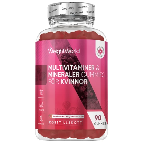 Multivitamin Kvinna - 90 gummier Med hyaluronsyra, nattljusolja, koenzym Q10, folsyra, zink, vitamin C, B12, biotin