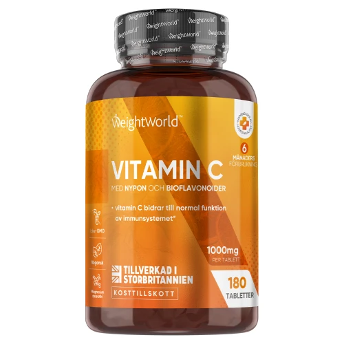 Vitamin C-tabletter med nypon och bioflavonoider 1000 mg 180 tabletter - hjälper immunförsvaret