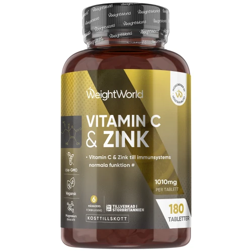 Vitamin C + Zinktabletter 1000 mg, 180 st - Öka immunförsvaret och energin - 100% Nöjdhetsgaranti