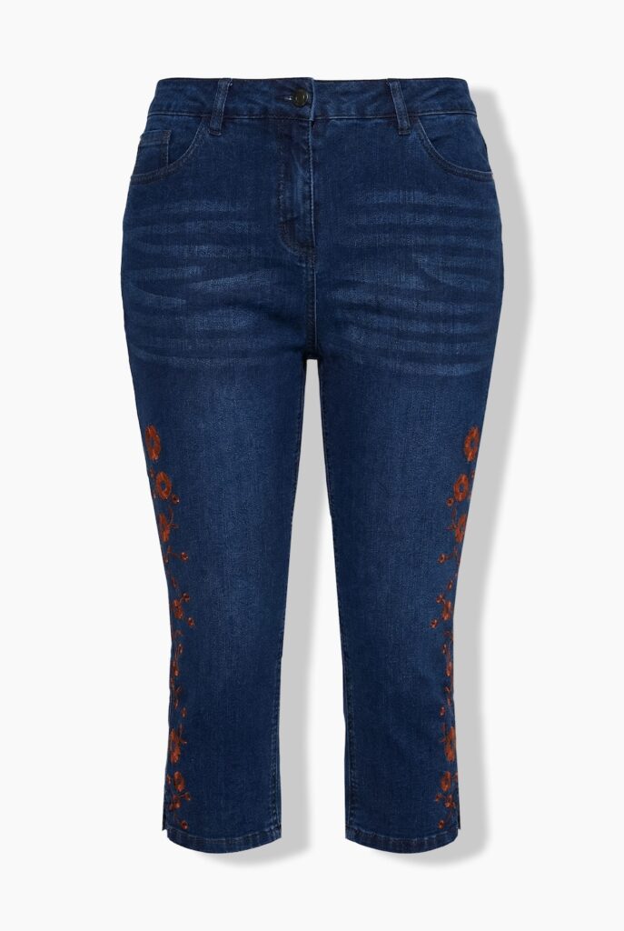 Stora storlekar Caprijeans med stretch och sprund i fållen, Dam, blå, storlek: 60, Bomull/Polyester/Viskos, Ulla Popken