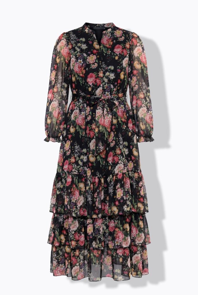Stora storlekar Maxiklänning i blommigt mönster med chiffong, Dam, svart, storlek: 56, Polyester, Ulla Popken